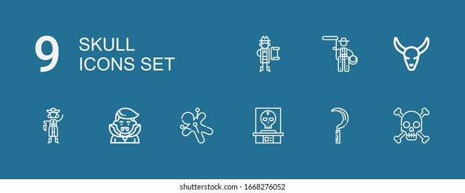 Editable 9 skull icons for web and mobile. Set of skull included icons line Skull, Scythe, Voodoo, Dracula, Pirate, Bull Lasso on blue background