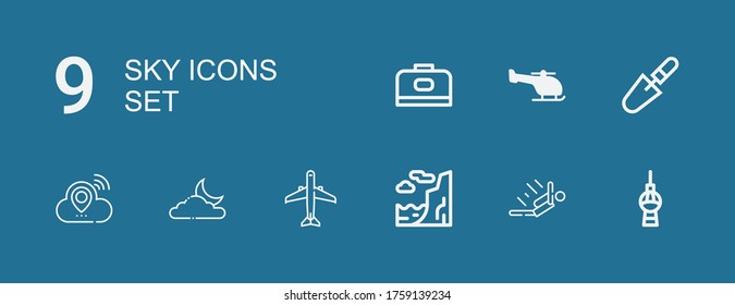 Editable 9 sky icons for web and mobile. Set of sky included icons line Fernsehturm berlin, Skydiving, Cliff, Aircraft, Moon, Cloud, Scraper, Helicopter, Carrier on blue background