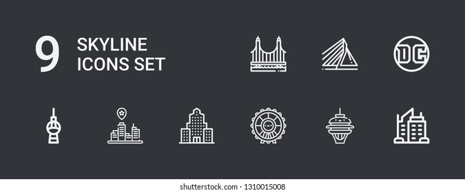 Editable 9 skyline icons for web and mobile. Set of skyline included icons line Skyscraper, Space needle, London eye, Cityscape, Fernsehturm berlin, Dc, Rotterdam on dark background