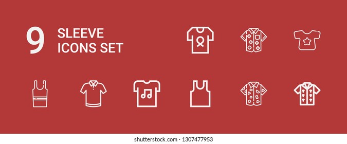 Editable 9 sleeve icons for web and mobile. Set of sleeve included icons line Tshirt, Shirt, Sleeveless, Polo shirt, Sleeveless shirt on red background