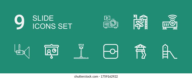 Editable 9 slide icons for web and mobile. Set of slide included icons line Playground, Slide, Funnel ball, Projector on green background