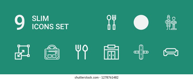 Editable 9 slim icons for web and mobile. Set of slim included icons line Gym, Cutlery, Stretching, Nutritionist on green background