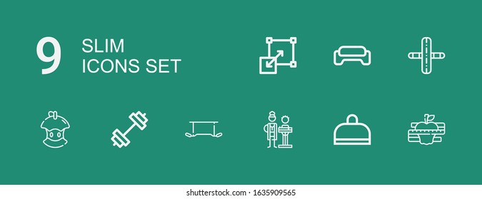 Editable 9 slim icons for web and mobile. Set of slim included icons line Diet, Gym, Nutritionist, Exercise, Bitten apple, Stretching on green background
