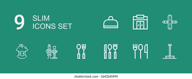 Editable 9 slim icons for web and mobile. Set of slim included icons line Pole dance, Cutlery, Nutritionist, Bitten apple, Gym on green background