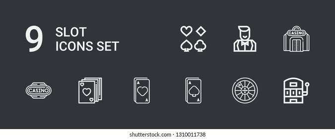 Editable 9 slot icons for web and mobile. Set of slot included icons line Slot machine, Roulette, Ace, Poker, Casino, Croupier on dark background