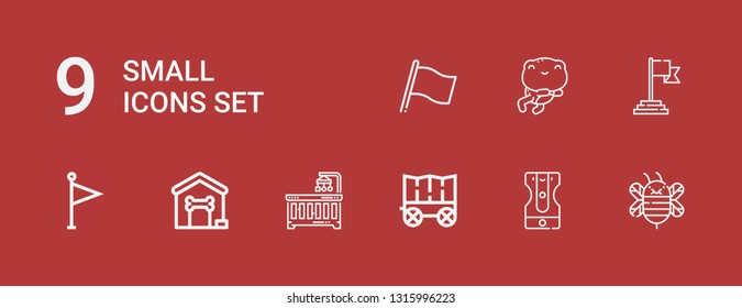 Editable 9 small icons for web and mobile. Set of small included icons line Bee, Sharpener, Carriage, Baby crib, Dog house, Flag, Frog on red background