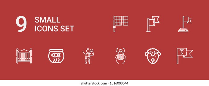 Editable 9 small icons for web and mobile. Set of small included icons line Flag, Hedgehog, Beetle, Stuffed animal, Fish bowl, Baby bed on red background