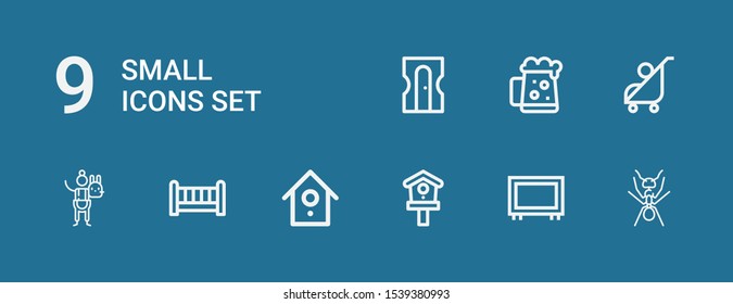 Editable 9 small icons for web and mobile. Set of small included icons line Ant, Big screen, Birdhouse, Crib, Stuffed animal, Stroller, Dark beer, Sharpener on blue background