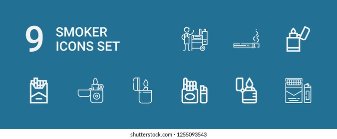 Editable 9 smoker icons for web and mobile. Set of smoker included icons line Cigarette, Lighter, Offset smoker on blue background