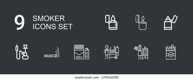Editable 9 smoker icons for web and mobile. Set of smoker included icons line Cigarette, Smoker, Offset Hookah, Lighter on dark background