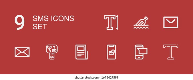 Editable 9 sms icons for web and mobile. Set of sms included icons line Text, Sms, Message, Text lines, Messages on red background