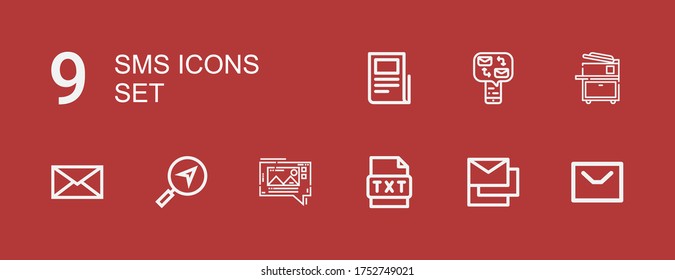 Editable 9 sms icons for web and mobile. Set of sms included icons line Message, Messages, Text, Mms, Copy machine, Text lines on red background