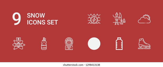 Editable 9 snow icons for web and mobile. Set of snow included icons line Ice skate, Water, Shovel, Eskimo, Cold fusion, Sun cloud, Ice fishing on red background