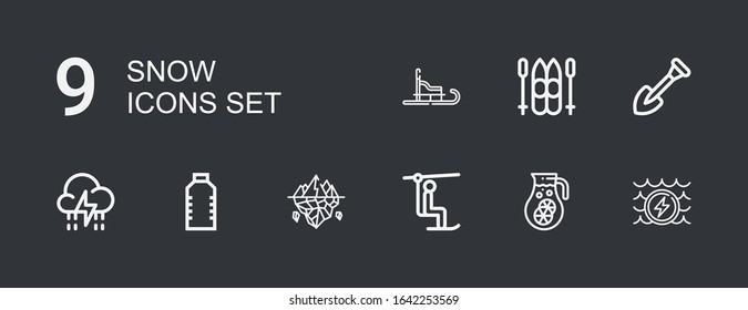 Editable 9 Snow Icons For Web And Mobile. Set Of Snow Included Icons Line Water, Chairlift, Iceberg, Storm, Shovel, Ski, Luge On Dark Background