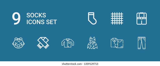 Editable 9 socks icons for web and mobile. Set of socks included icons line Jeans, Clothes, Clothing, Scarf, Baby girl, Cloth, Socks on blue background
