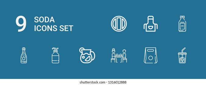 Editable 9 soda icons for web and mobile. Set of soda included icons line Ice coffee, Take away, Fast food, Juice, Bottle, Water, Apron, Soda on blue background
