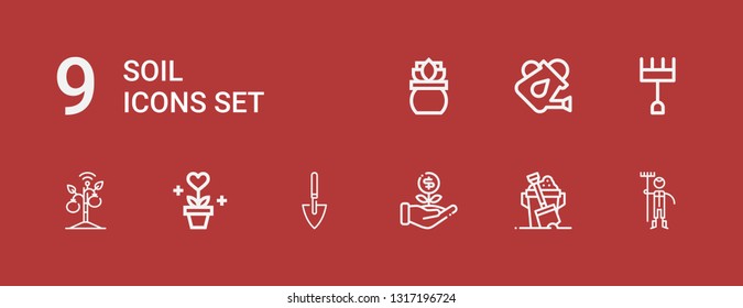 Editable 9 soil icons for web and mobile. Set of soil included icons line Gardener, Sand, Sprout, Shovel, Plant, Rake, Watering can on red background