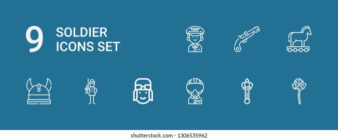 Editable 9 soldier icons for web and mobile. Set of soldier included icons line Mace, Scepter, Military, Pilot, Soldier, Viking, Trojan, Musket on blue background
