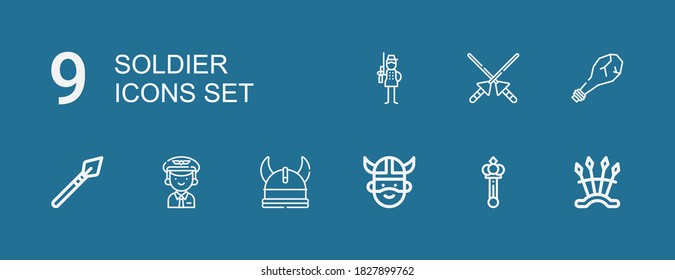 Editable 9 iconos de soldados para web y móvil. Conjunto de soldados incluían iconos línea Armas, cetro, Viking, Pilot, Spear, Arma, Lanza, Soldado sobre fondo azul
