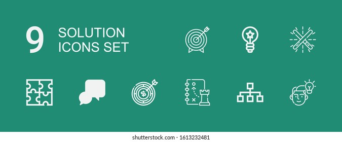 Editable 9 solution icons for web and mobile. Set of solution included icons line Idea, Hierarchy, Strategy, Target, Puzzle, Glow on green background