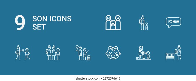 Editable 9 son icons for web and mobile. Set of son included icons line Mother, Fatherhood, Baby girl, Family, Uncle, Mom on blue background