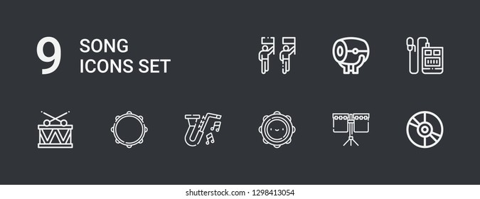 Editable 9 song icons for web and mobile. Set of song included icons line Vinyl, Drum, Tambourine, Jazz, Voice recorder, Parade on dark background