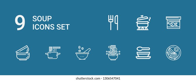Editable 9 soup icons for web and mobile. Set of soup included icons line Jiaozi, Soup, Noodle, Bowl, Noodles, Bowls, Fish food, Pot, Restaurant on blue background