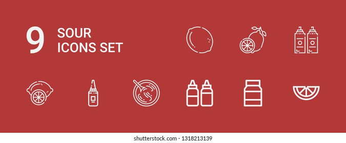 Editable 9 sour icons for web and mobile. Set of sour included icons line Lemon, Mayonnaise, Sauces, Sour soup, Sauce on red background