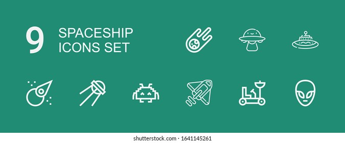 Editable 9 spaceship icons for web and mobile. Set of spaceship included icons line Alien, Moon rover, Rocket, Space invaders,  Asteroid, Ufo, Ovni on green background