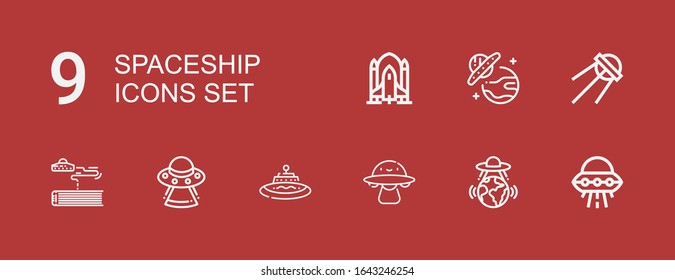 Editable 9 spaceship icons for web and mobile. Set of spaceship included icons line Ufo, Ovni, Science fiction, Sputnik, Rocket ship on red background