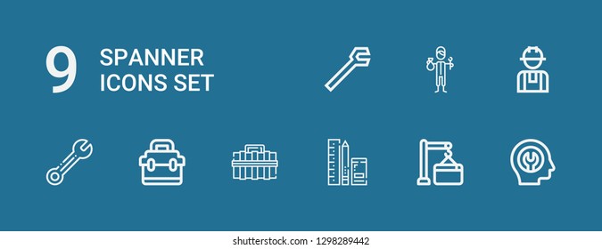 Editable 9 spanner icons for web and mobile. Set of spanner included icons line Fixed, Maintenance, Tools, Toolbox, Wrench, Worker on blue background
