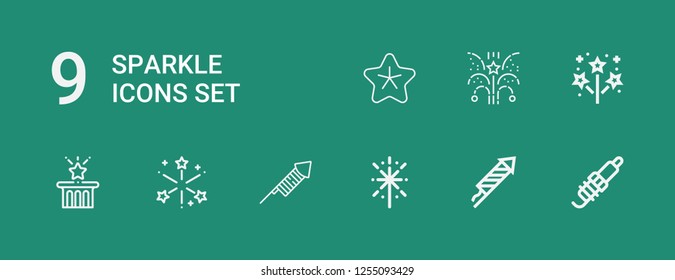 Editable 9 sparkle icons for web and mobile. Set of sparkle included icons line Spark, Fireworks, Star, Firework on green background