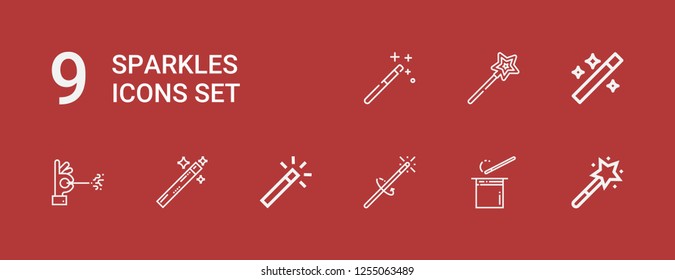 Editable 9 sparkles icons for web and mobile. Set of sparkles included icons line Magic wand, Wand on red background