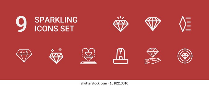 Editable 9 sparkling icons for web and mobile. Set of sparkling included icons line Diamond, Fountain on red background
