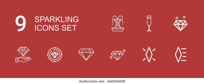 Editable 9 sparkling icons for web and mobile. Set of sparkling included icons line Diamond, Champagne glass, Fountain on red background