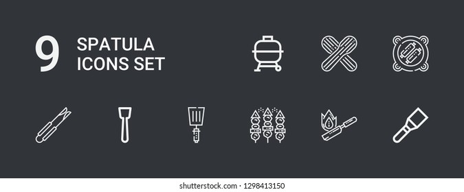Editable 9 spatula icons for web and mobile. Set of spatula included icons line Spatula, Flambe, Bbq, Tongs, Wooden spoon on dark background