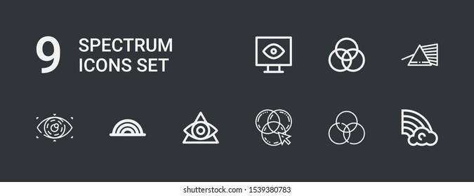 Editable 9 spectrum icons for web and mobile. Set of spectrum included icons line Rainbow, Rgb, Eye, Prism, View on dark background