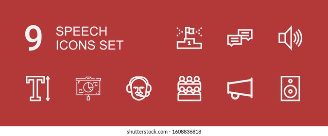 Editable 9 speech icons for web and mobile. Set of speech included icons line Speaker, Megaphone, Classroom, Commentator, Presentation, Text, Chat, Podium on red background