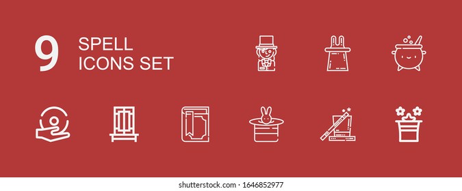 Editable 9 spell icons for web and mobile. Set of spell included icons line Magic, Magic book, Trick, Spell, Cauldron, Magician on red background