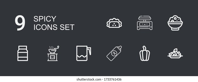 Editable 9 spicy icons for web and mobile. Set of spicy included icons line Rice, Pepper, Mustard, Jar, Mayonnaise, Shaker, Taco on dark background