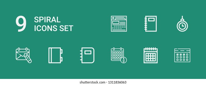 Editable 9 spiral icons for web and mobile. Set of spiral included icons line Calendar, Notebook, Hypnosis on green background