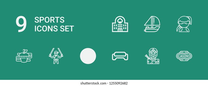 Editable 9 sports icons for web and mobile. Set of sports included icons line Casino, Ninja, Gym, Swimming pool, Diet, Yatch on green background