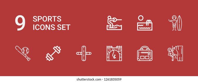 Editable 9 sports icons for web and mobile. Set of sports included icons line Climbing, Gym, Bungee jumping, Baseball, Surfer, Swimming pool, Water ski on red background