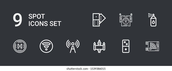 Editable 9 spot icons for web and mobile. Set of spot included icons line Wifi, Dominoes, Signal, Helipad, Paint spray, Domino on dark background