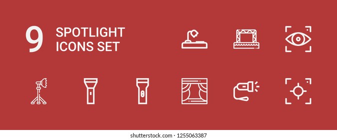 Editable 9 spotlight icons for web and mobile. Set of spotlight included icons line Focus, Flashlight, Stage, Reflector, Desk lamp on red background