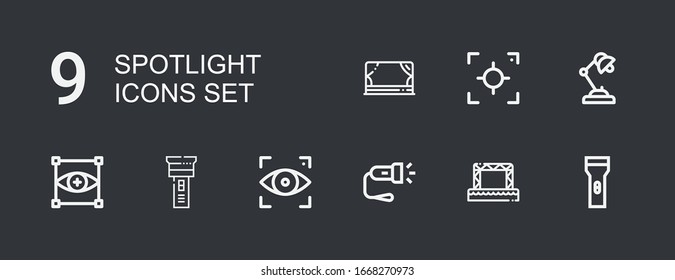 Editable 9 spotlight icons for web and mobile. Set of spotlight included icons line Flashlight, Stage, Focus, Desk lamp on dark background