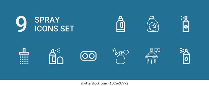 Editable 9 spray icons for web and mobile. Set of spray included icons line Paint spray, Shower, Perfume, Drugs, Insecticide, Detergent on blue background