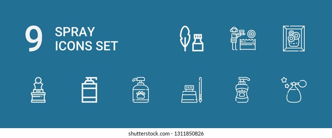 Editable 9 spray icons for web and mobile. Set of spray included icons line Perfume, Shampoo, Ink, Art, Painting, Water gun on blue background
