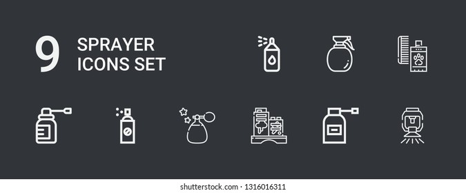 Editable 9 sprayer icons for web and mobile. Set of sprayer included icons line Sprinkler, Spray, Graffiti, Perfume, Insecticide, Paint spray on dark background