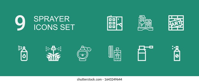Editable 9 sprayer icons for web and mobile. Set of sprayer included icons line Insecticide, Spray, Perfume, Sprinkler, Paint spray, Graffiti on green background